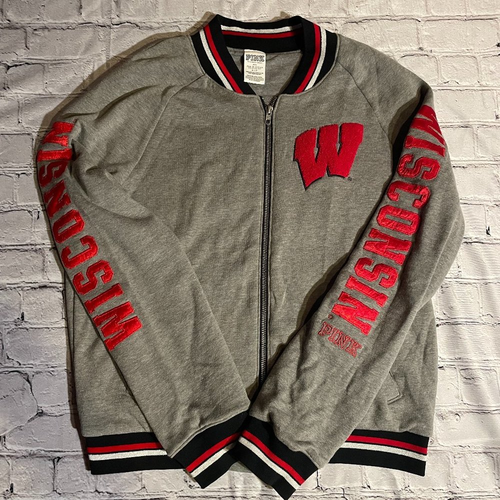 Gray & Red, PINK, Wisconsin Full Zip Up, Size S